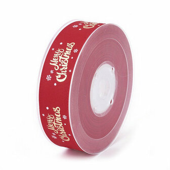 Kerstlint merry christmas en ijskristal rood 25 mm breed