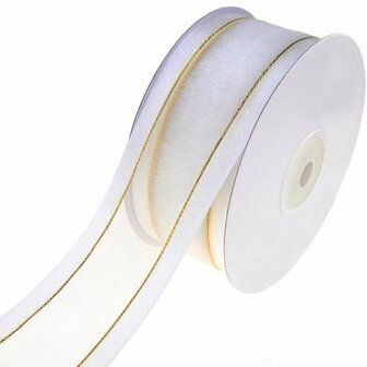 Organza satijn lint met goud lurex randje 38 mm wit