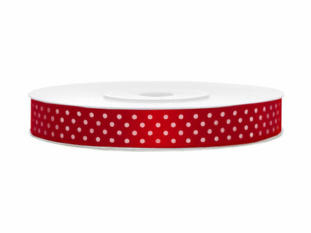 Satijn lint 12 mm rood met witte stippen