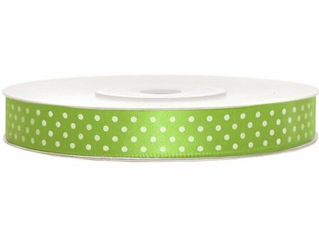 Satijn lint 25 mm lime groen met witte stippen