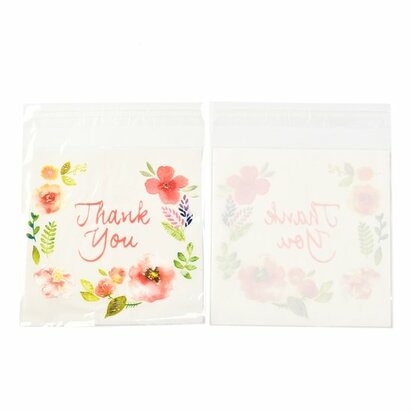 Cellofaan zakjes met plakstrip Thank you bloemen en bladeren