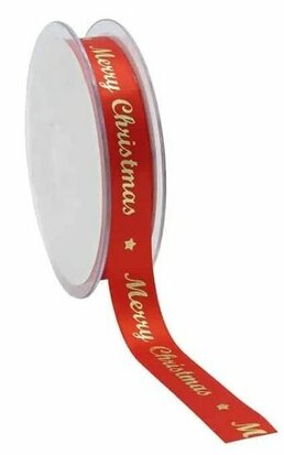 Satijn lint merry christmas rood met goud bedrukking 15 mm breed