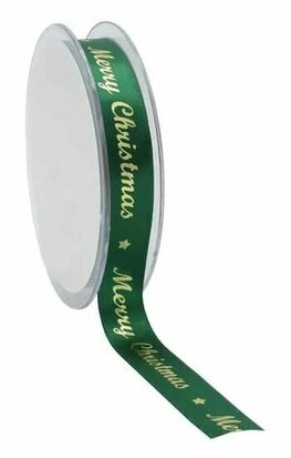 Satijn lint merry christmas groen met goud bedrukking 15 mm breed 5 meter