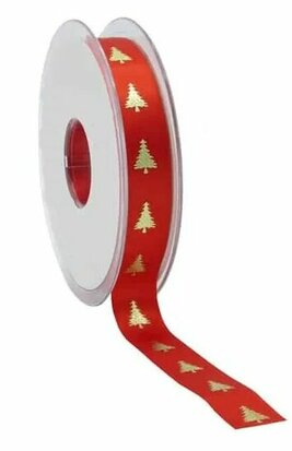 Satijn lint rood kerstboom goud bedrukking 15 mm breed