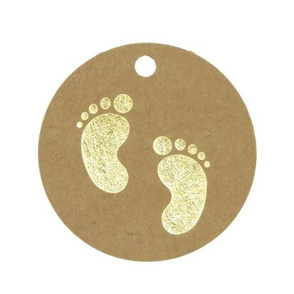 Label kraft rond met gouden babyvoetjes 10 stuks. Afmeting 5 cm.