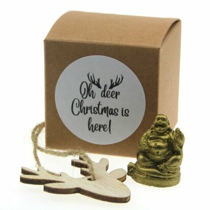 Geluksdoosje kerst kraft oh deer christmas is here met boeddha en houten label