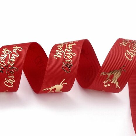 Kerstlint rood goud merry christmas en rendier 25 mm breed