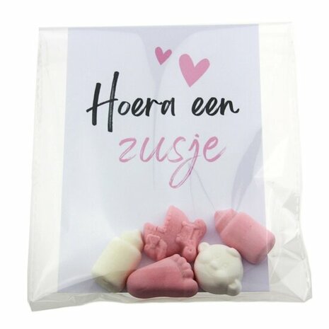 Geboortebedankje hoera een zusje of broertje geboortesnoepjes